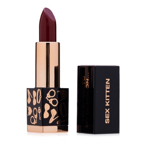 A picture of the dark red Dark Desire lipstick from Kandi Koated in a kinky dungeon-themed tube